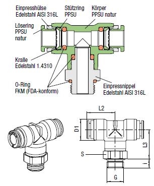 T-Verbinder Push-In, O.D. Schlauch 4,0 mm, Aussengewinde G 1/8"