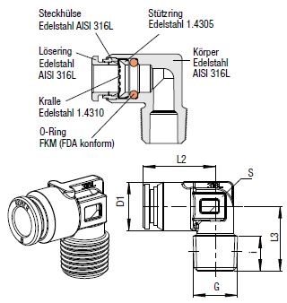 L-Verbinder Push-In, O.D. Schlauch 10,0 mm, Außengewinde R 1/4""