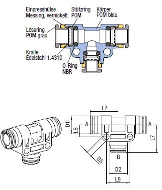 T-Steckanschlussverbinder Push-In, O.D. Schlauch 16 mm, O.D. Schlauch 12 mm
