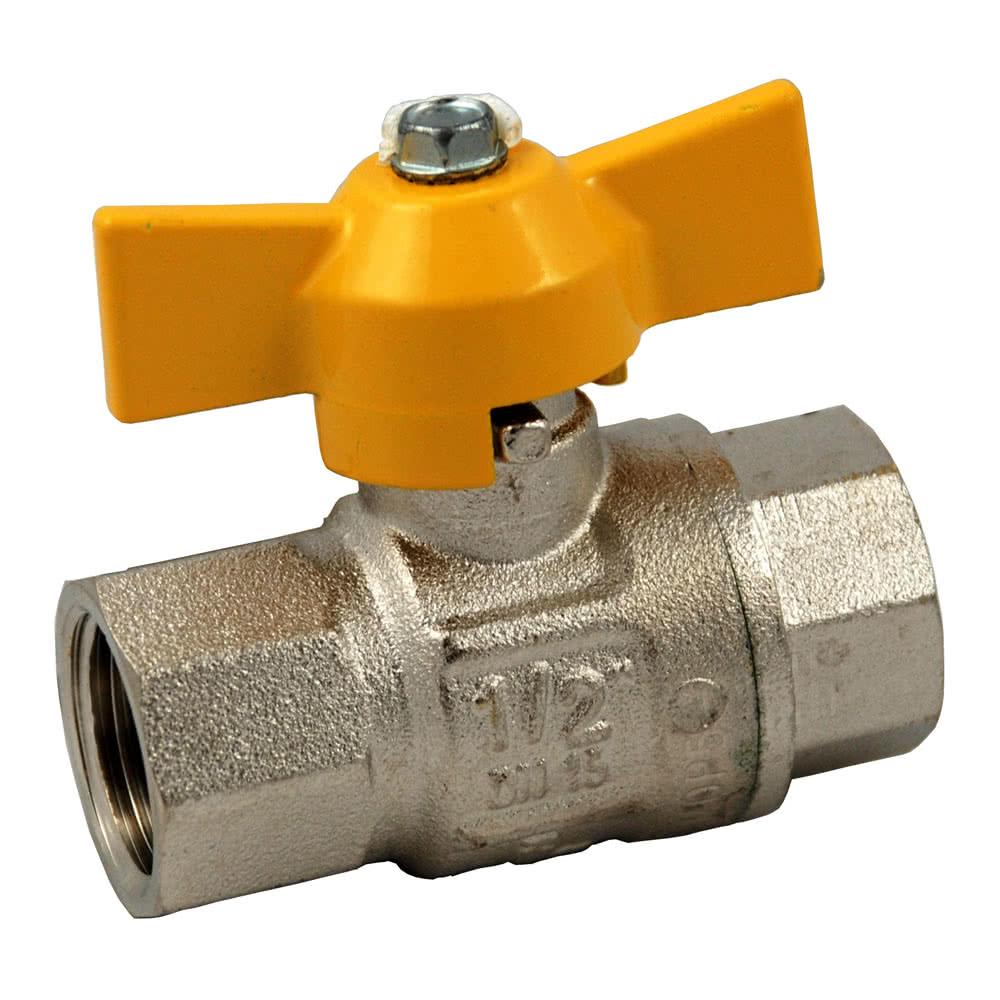 Ball valve for combustible gases, EN331 DVGW, nickel-plated brass, 2x G 1/2 "female thread, yellow wing handle
