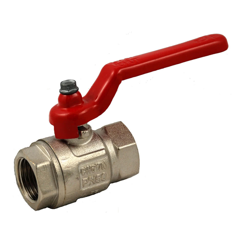 Standard ball valve, nickel-plated brass, 2x G 1/2 "female thread, red lever handle