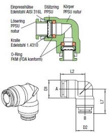 955P3-6FF L-Verbinder Push-In, O.D. Schlauch 6,0 mm, O.D. Schlauch 6,0 mm