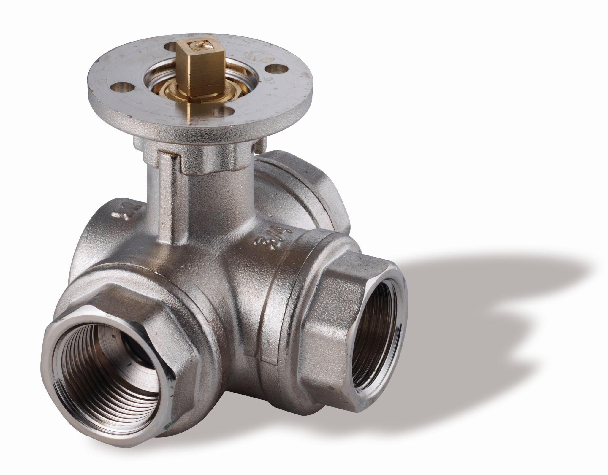 Ball valve in nickel plated brass, L port/reduced bore, flange ISO 5211, DN8, PN40, 1/4, W/W/W