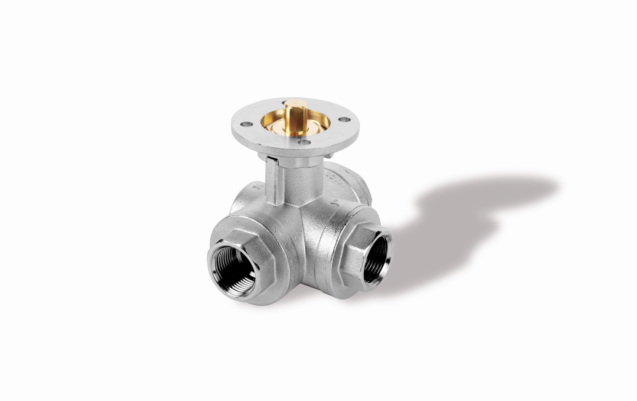 Ball valve in nickel plated brass, T port, full bore, flange ISO 5211, DN15, PN40, 3/4, W/W/W