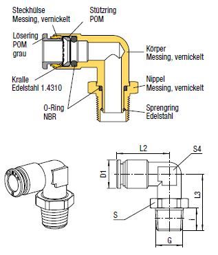 L-Verbinder Push-In, O.D. Schlauch 4mm, Außengewinde R 1/8