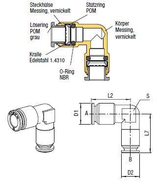 L-Verbinder Push-In, O.D. Schlauch 4mm, O.D. Schlauch 4mm