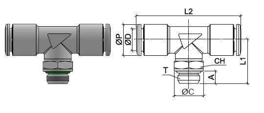 T connector, stainless steel AISI 316L with BSPP thread