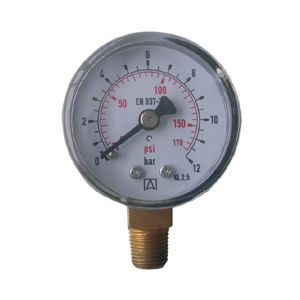 Impact-resistant, unfilled manometer for the industry with ABS housing, spring and hub made of brass, ground connection, BSPT thread in accordance with EN 837-1 / 7,3
