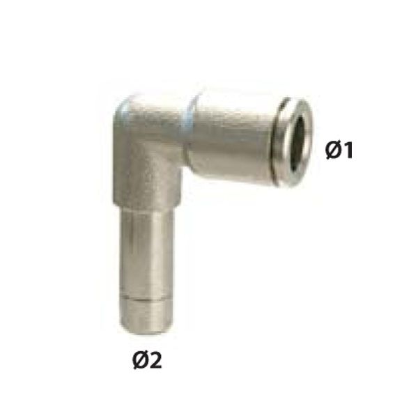 Univer push-in fitting made of nickel-plated brass angled, with plug-in sleeve Ø1 10mm Ø2 10mm