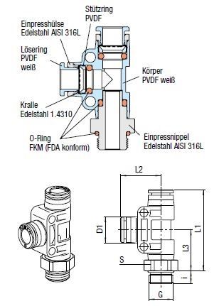 T-Verschluss-Stecker Push-In, O.D. Schlauch 6 mm, Aussengewinde G 1/8