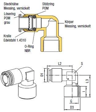 949M-6-1/4 L-Verbinder Push-In, O.D. Schlauch 6mm, Außengewinde G 1/4