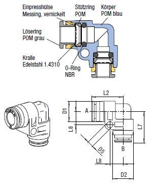 L-Steckanschlussverbinder Push-In, O.D. Schlauch 4 mm, O.D. Schlauch 4 mm