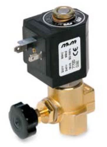 2-way solenoid valve, steam, G 1/4 ", brass, normally closed, with flow restrictor, direct operated