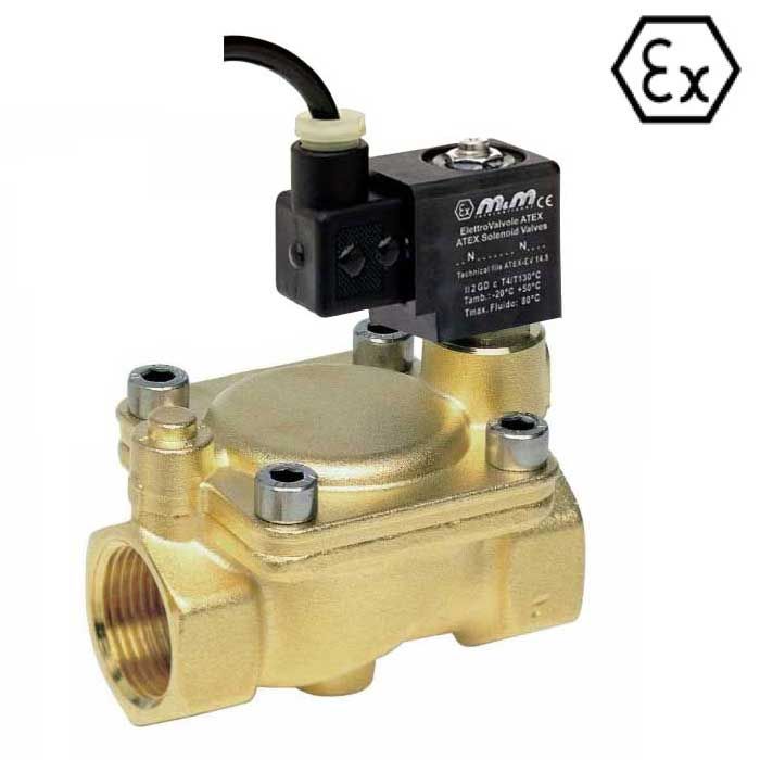 ATEX EEX m II 2GD T4 - 2-way solenoid valve, G 1/2 ", brass, normally closed, servo-controlled