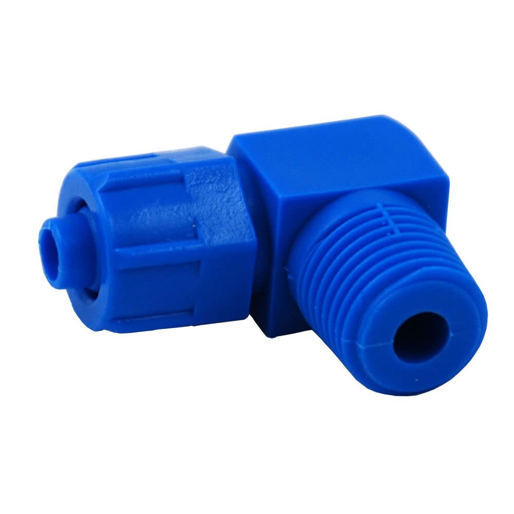 Threaded fitting, L-screwed connection, blue, POM, with union nut, G 1/4 "male x 6,0mm x 8,0mm (ID x OD)