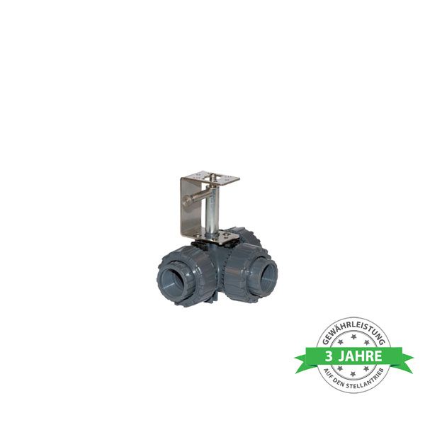 Comparato - 3-way ball valve for Diamant PRO actuator, full bore, T bore, with spacer and manual override, DN20, PN16, 3/4 ", W / W / W