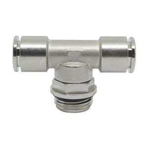 Swiveling T-connector with BSPP & metric thread nickel-plated