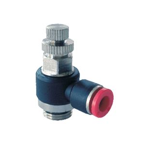 L-flow regulator with BSPP external thread and metric thread unidirectional nickel-plated, handle regulation