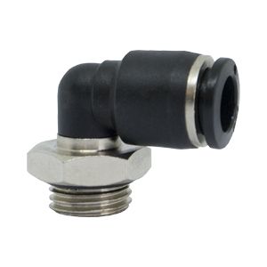 Short pivoting L plug connector with BSPP and metric thread, nickel plated