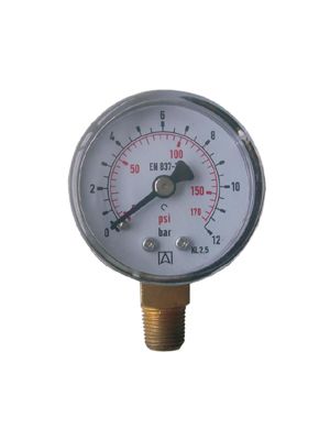 Impact-resistant, filled manometer for the industry with ABS housing, spring and hub made of brass, bottom connection, BSPT thread according to guideline EN 837-1 / 7,28