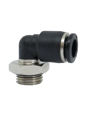 Short pivoting L plug connector with BSPP and metric thread, nickel plated