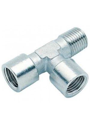 Screw-on fitting, T-piece, inlet female thread, 1x internal thread, 1x external thread, nickel-plated brass