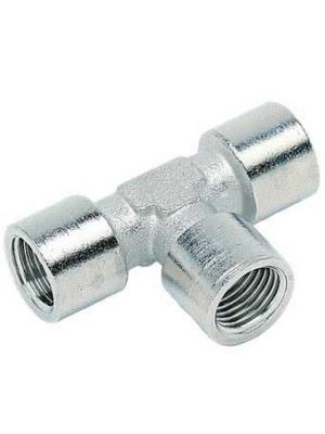 Screw-on fitting, T-piece, inlet female thread, 2x internal thread, nickel-plated brass