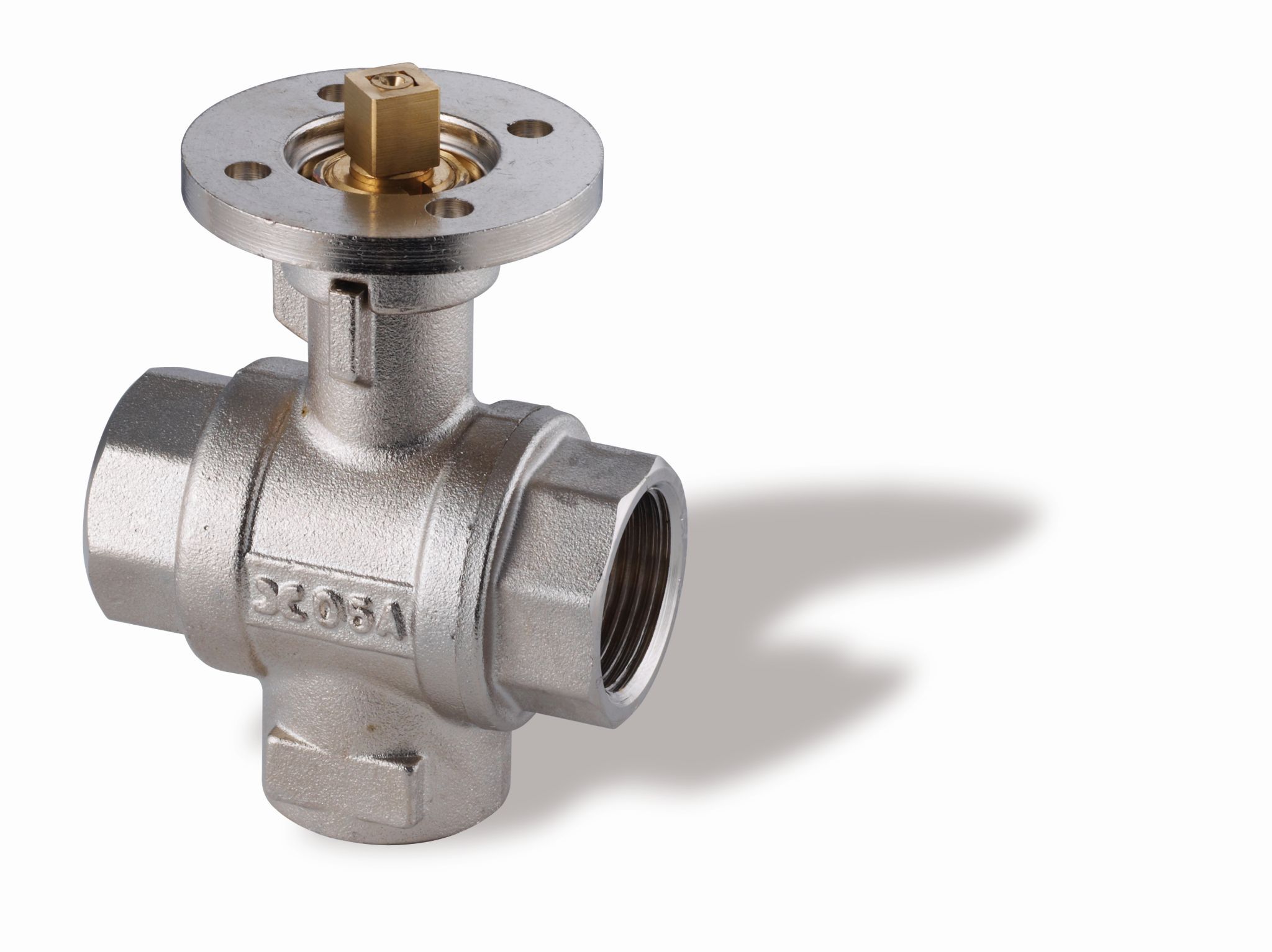 Ball valve in nickel plated brass, T port/reduced bore, flange ISO 5211, DN50, PN25, 2, W/W/W