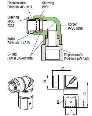 L-Verbinder Push-In, O.D. Schlauch 6,0 mm, Innengewinde G 1/8