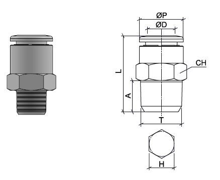 Straight connector, stainless steel AISI 316L with BSPT thread