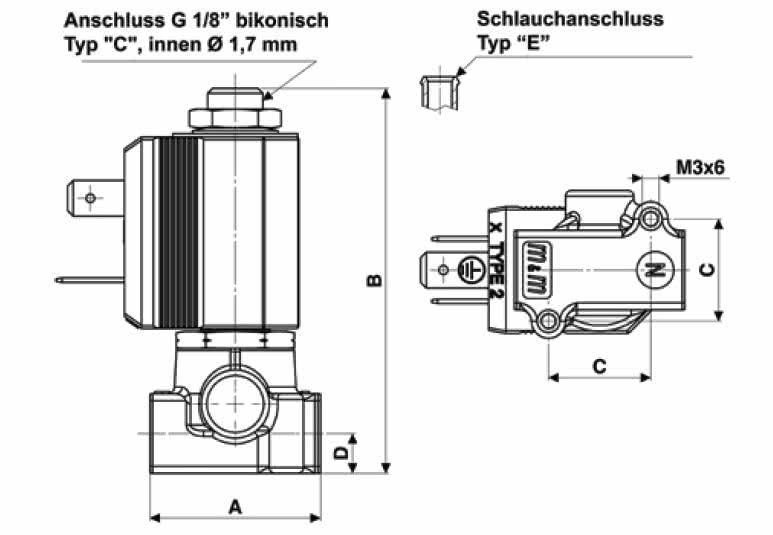 3-way solenoid valve, G 1/8 ", brass, normally closed, direct operated