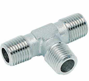 Threaded fitting, T screw-in fitting, conical, T-piece, nickel-plated brass, 3x R 1/8 "male thread