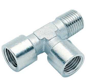 Threaded fitting, T screw-on fitting, cylindrical / conical, T-piece, nickel-plated brass, 2x G 1/8 "female thread x R 1/8" male thread