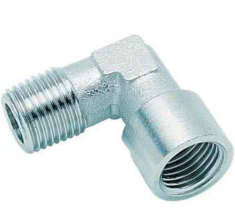 Threaded fitting, angle connector, cylindrical / conical, nickel-plated brass, R 1/8 "male thread x G 1/8" female thread