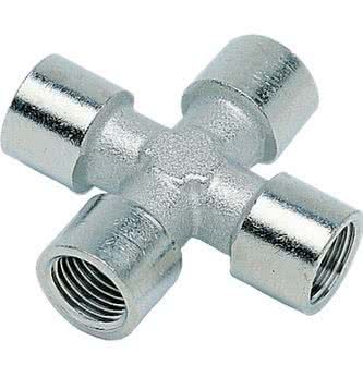 Threaded fitting, cross connector, cylindrical, nickel-plated brass, 4x G 1/8 "female thread