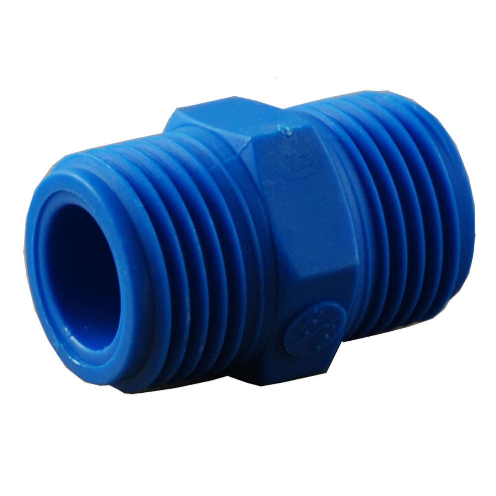 Threaded fitting, double nipple screw conical, blue, nylon, 2x R 1/4 "AG - suitable for food