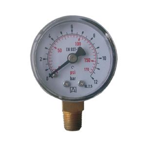 Impact-resistant, filled manometer for the industry with ABS housing, spring and hub made of brass, bottom connection, BSPT thread in accordance with EN 837-1 / 7,10