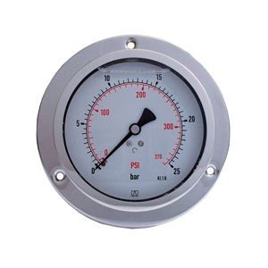 Glycerine manometer with 3-hole flange and stainless steel housing AISI 304, spring made of copper alloy and hub made of brass, BSPP thread, according to guideline EN 837-1 / 7,6