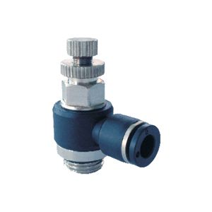 L-flow regulator with BSPP external thread and metric thread unidirectional nickel-plated, handle regulation