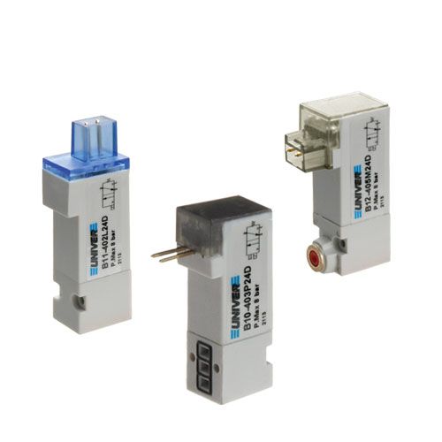 Univer - Series B10 Pilot / Nanovolt 10 mm - Low Energy Consumption - ISO 15218, monostable, 3/2 NC Ø 0.8 mm (0.3 W), manual override, PIN in line, connector 90 ° (protected PIN)