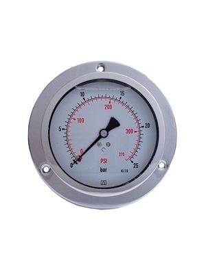 Glycerine manometer with 3-hole flange and Inox AISI 304 housing, copper alloy spring and brass hub, BSPP thread, according to EN 837-1 / 7,20