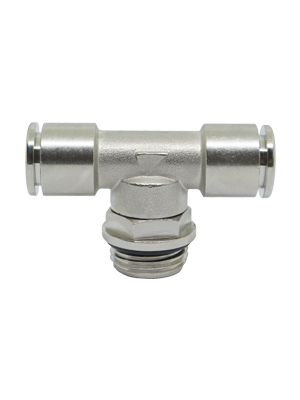 Swiveling T-connector with BSPP & metric thread nickel-plated
