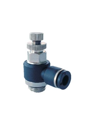 L-flow regulator with BSPP external thread and metric thread unidirectional nickel-plated, handle regulation
