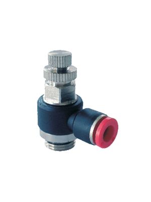L-flow regulator with BSPP external thread and metric thread unidirectional nickel-plated, handle regulation