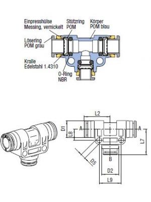 954P-4 T-Steckanschlussverbinder Push-In, O.D. Schlauch 4 mm, O.D. Schlauch  4 mm